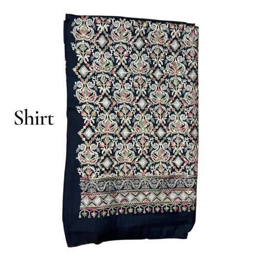 Chic Black Pashmina 3-Piece Suit for Ladies – Embroidered Front & Shawl Detailing | Kinocart