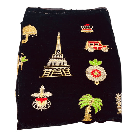 Black Paris-Inspired Embroidered Velvet Shawl
