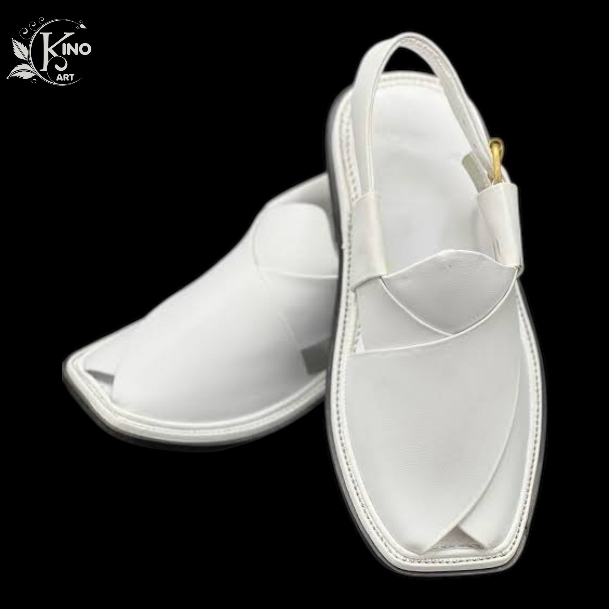 A pair of white Peshawari chappals with a hook and loop closure.